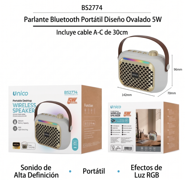 Parlante Bluetooth Retro-Tech BS2774 | 5W con Iluminación RGB y Diseño Portátil