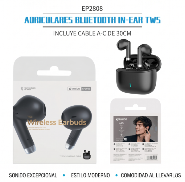 Auriculares Bluetooth Único EP2808 - Diseño Semi-In-Ear Ergonómico y Bluetooth 5.3