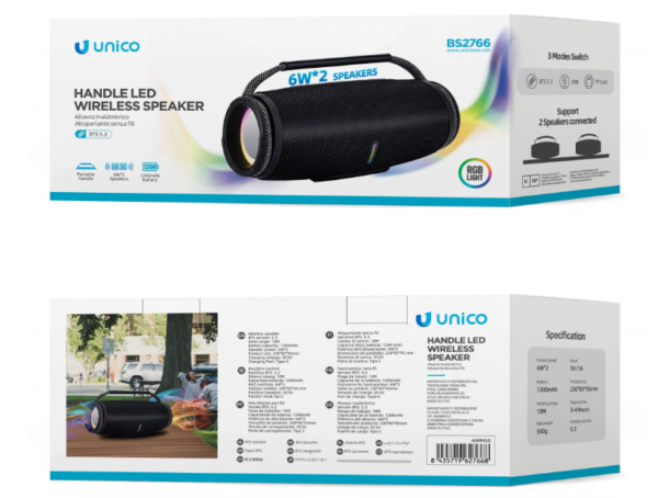 Parlante Inalámbrico Portátil con Mango y Luces LED RGB BS2766