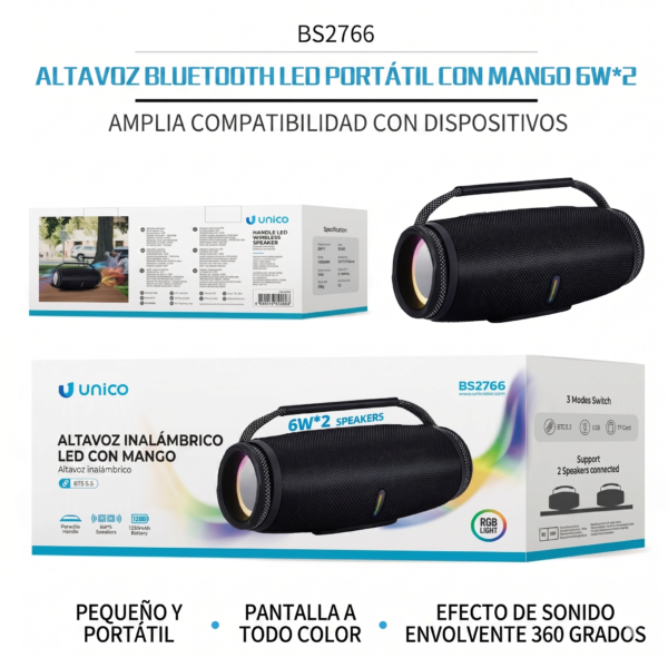 Parlante Inalámbrico Portátil con Mango y Luces LED RGB BS2766