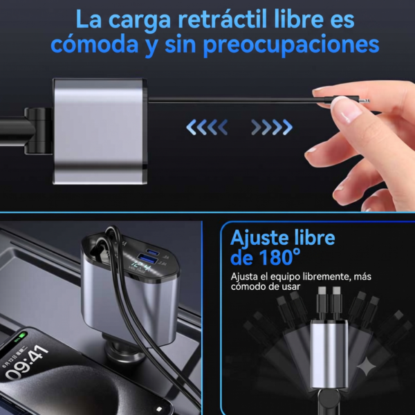 Cargador de Coche Inteligente 100W PD 4 en 1 - Con Doble Cable Retráctil y Puertos USB
