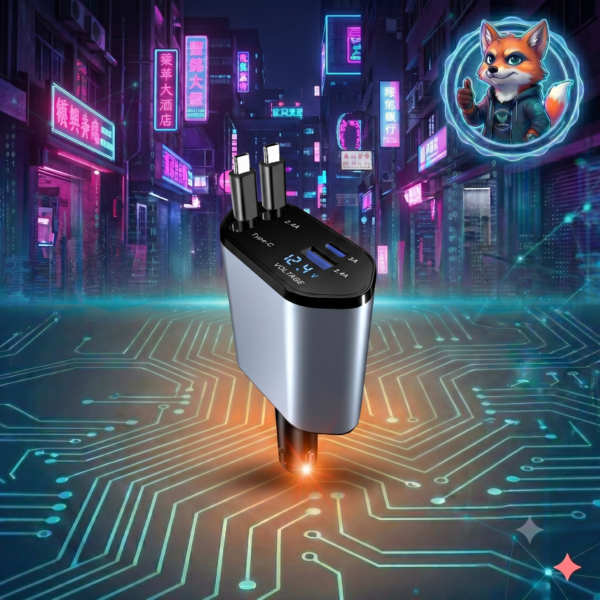 Cargador de Coche Inteligente 100W PD 4 en 1 - Con Doble Cable Retráctil y Puertos USB