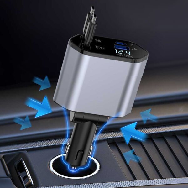 Cargador de Coche Inteligente 100W PD 4 en 1 - Con Doble Cable Retráctil y Puertos USB